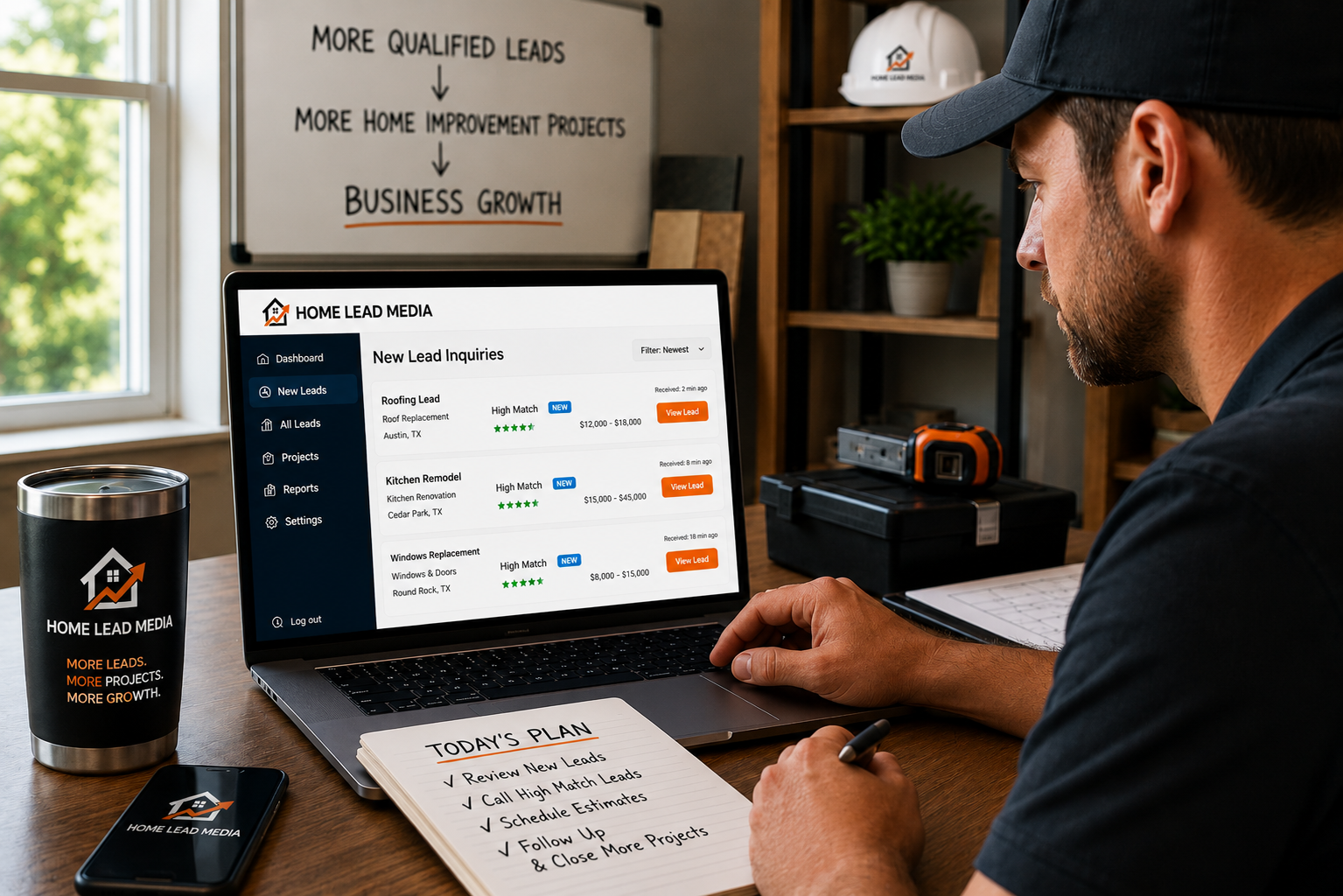 Home improvement contractor reviewing new high-quality project leads